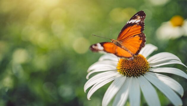 view of orange butterfly on white flower with green nature blurred background with copy space using as background insect natural ecology fresh cover page concept