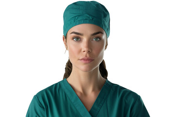 A woman emergency physician wearing a green scrubs and a cap, looking alert and confident. This PNG file, with an isolated cutout object on a transparent background