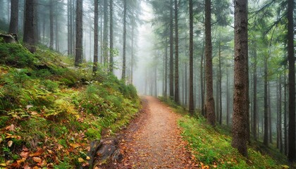 path through coniferous forest on a foggy autumn day