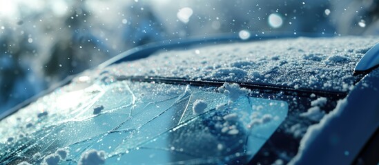 Snow from the roofs fell on the car and broke the rear window. with copy space image. Place for adding text or design