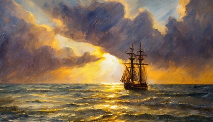 epic beautiful storm clouds over sea horizon at sunset sailing ship in rays of light illustration...
