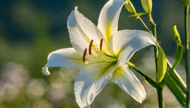 day lily grade white dragon a smart large single flower of almost white color in beams of the evening sun on petals play of light and shadow