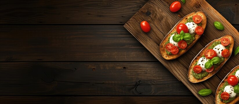 Bruschetta with cherry tomatoes mozzarella cheese and pesto sauce on wooden board Traditional italian appetizer or snack antipasto. with copy space image. Place for adding text or design