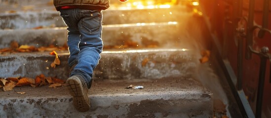 Boy wearing jeans and vest goes upstairs with burnt calories marks on steps Kid runs up steps to apartment Playing child. with copy space image. Place for adding text or design - obrazy, fototapety, plakaty