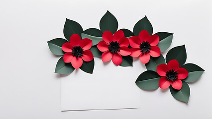 glossy black and red flowers, close-up of a paper flower with leaves on a white background of a postcard with a place for text. for decorating spring or wedding themes, greeting cards, scrapbooking an