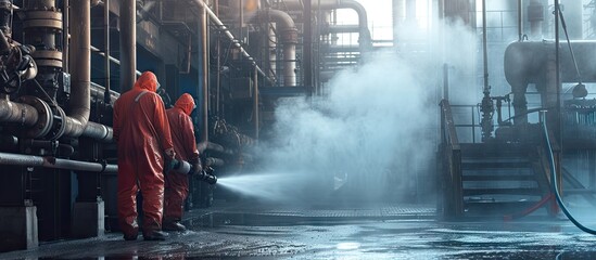 Male workers use high pressure water jets to clean splashing the dirt of tube boilers in industrial areas chemical products or toxic hazardous material sulfur. with copy space image - obrazy, fototapety, plakaty