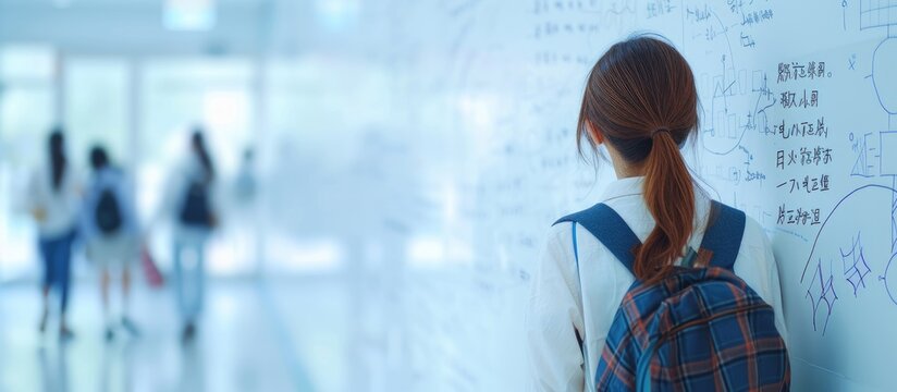 Back view of high school student solving math problem on whiteboard in classroom Young man writing math solution on white board using marker College guy solving math expression during lesson