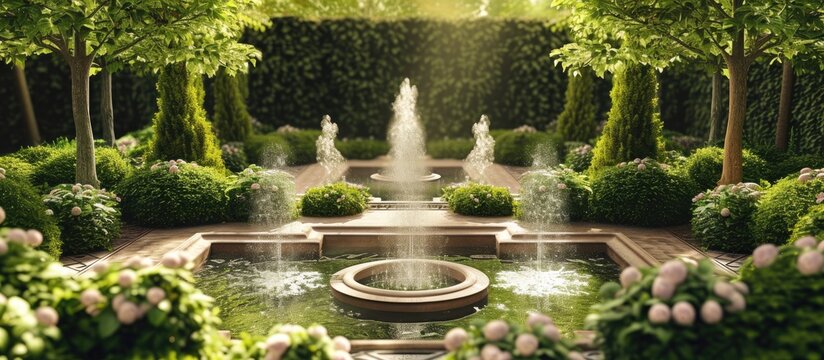 Fountains Geometric shapes in a landscaped garden. with copy space image. Place for adding text or design