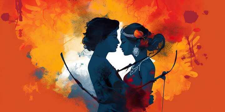 minimalistic design krishna and radha in love, the extreme right third of an image