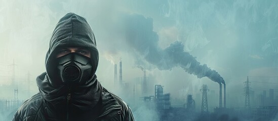 man wearing mask against smog and air pollution factory background. with copy space image. Place for adding text or design - obrazy, fototapety, plakaty