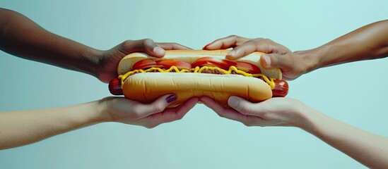 four people hold a hot dog together. with copy space image. Place for adding text or design - obrazy, fototapety, plakaty