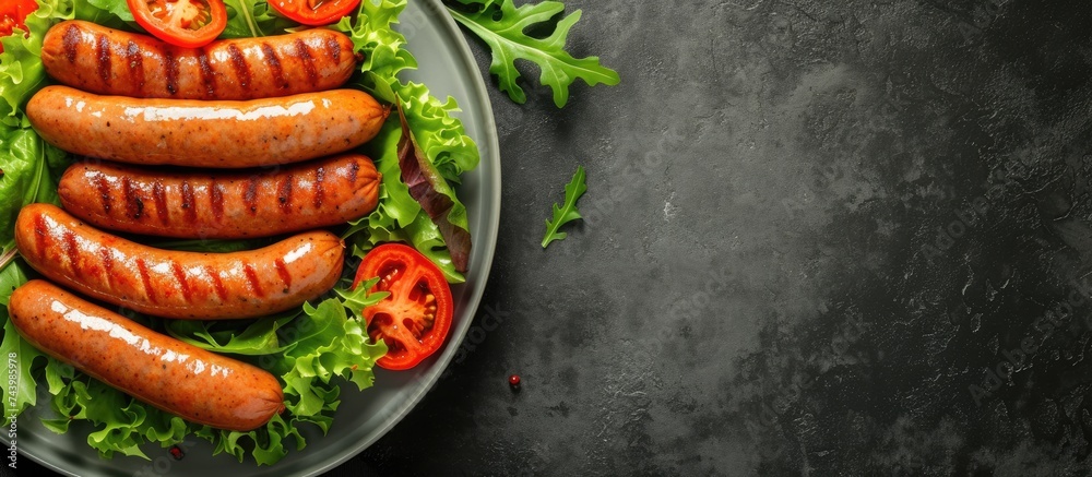 Poster Sausages frankfurter and salad on plate closeup. with copy space image. Place for adding text or design