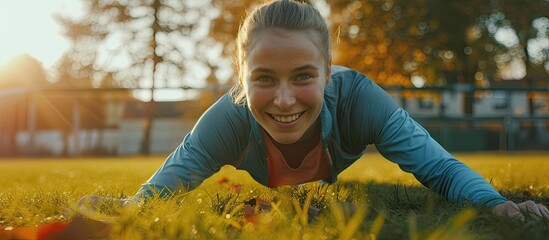 Fitness field happy and woman running for outdoor exercise cardio workout or training for marathon race Sports warm up athlete smile and morning runner doing exercise challenge on grass pitch