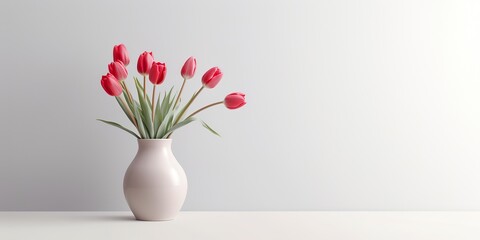 minimalistic design International woman's day concept. Spring home decorations with bouquet of red tulips in modern vase on white background,
