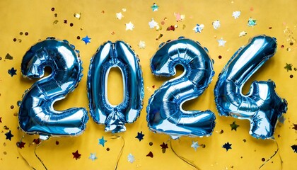 new 2024 year blue number shaped balloons on yellow background