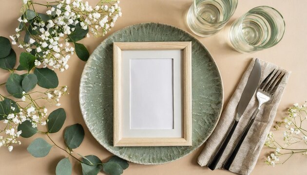 table setting concept top view photo of vertical photo frame plate cutlery knife fork fabric napkin cup and glasses eucalyptus leaves with gypsophila flowers on pastel beige background