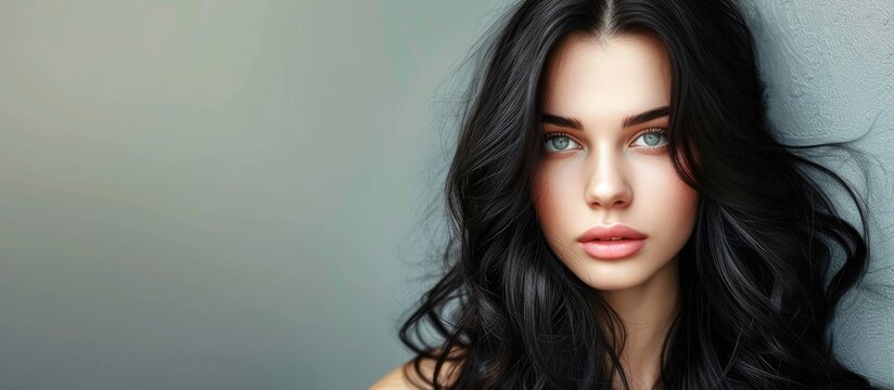 Young brunette woman with long black hair. with copy space image. Place for adding text or design
