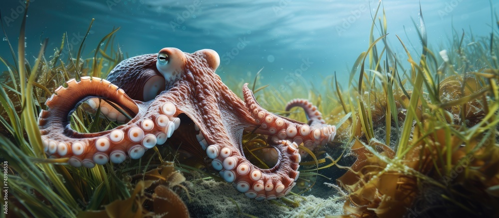 Poster Common Octopus Octopus vulgaris climbing out of its den surrounded by seagrass. with copy space image. Place for adding text or design