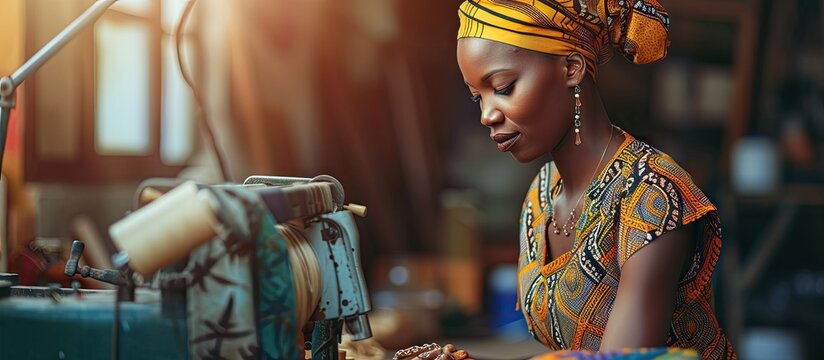 An African female tailor fashion designer or dress maker making stylish and fashionable clothes with sewing machine in a tailoring workshop. with copy space image. Place for adding text or design