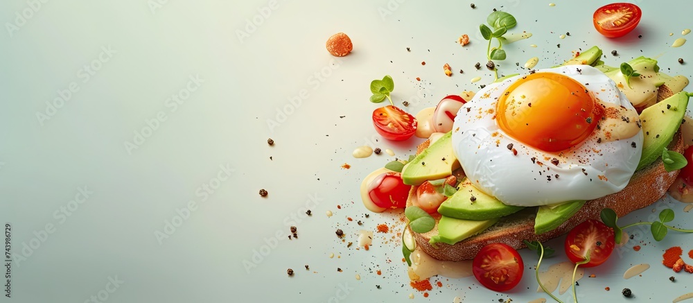 Aufkleber toast with poached egg tomatoes and avocado healthy breakfast. with copy space image. place for addi