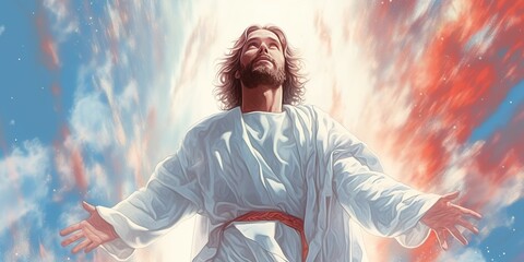 minimalistic design jesus opening the skyes close up view illustration, receiving blessings from god, - obrazy, fototapety, plakaty