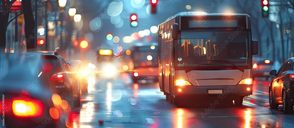 Poster Bus moving on the road in city in early morning View to the traffic with trafficlights and transport. with copy space image. Place for adding text or design