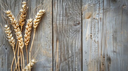 few ears of wheat on a wooden background, capturing the essence of agriculture and rustic elegance.