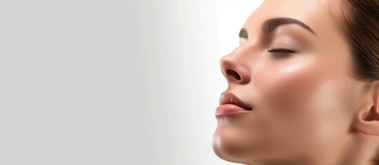 Before After Young Woman Aesthetic Facelift Rhinoplasty Nose And Mid Face Surgery. with copy space image. Place for adding text or design