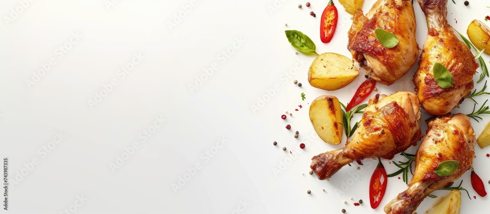 Poster Roasted chicken and american potatoes with chili peppers and herbs Top of view. with copy space image. Place for adding text or design