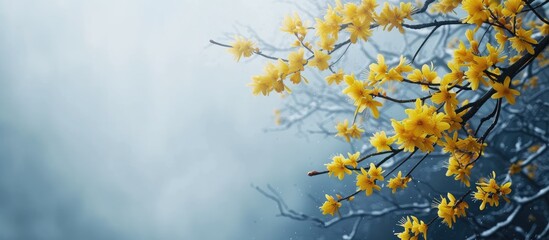 Witch hazel that yellow beautiful flowers bloom early spring Witch hazel is a beautiful flower that blooms in the mountains with a symbol of early spring. with copy space image