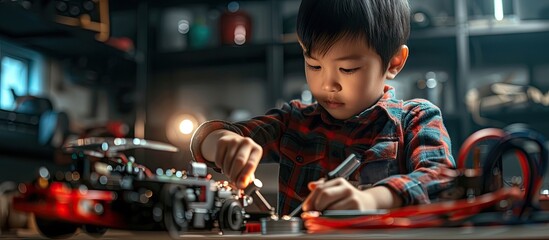 Asian kid boy assembling the Arduino robot car homework project at home Little child tighten the nut with a screwdriver to assemble car toy creating electronic AI technology workshop school les