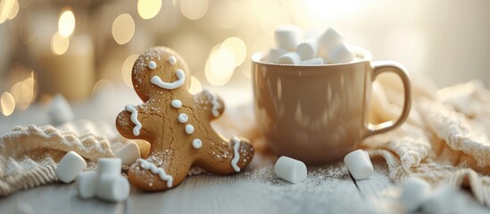 Christmas Homemade gingerbread man cookie and white cup with hot chocolate with marshmallows traditionally made at wintertime and the holidays. with copy space image. Place for adding text or design