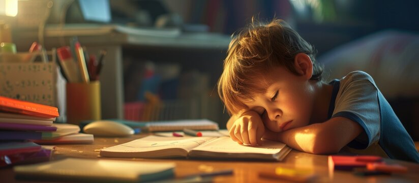 tierd boring boy dont want do homework child cries. with copy space image. Place for adding text or design
