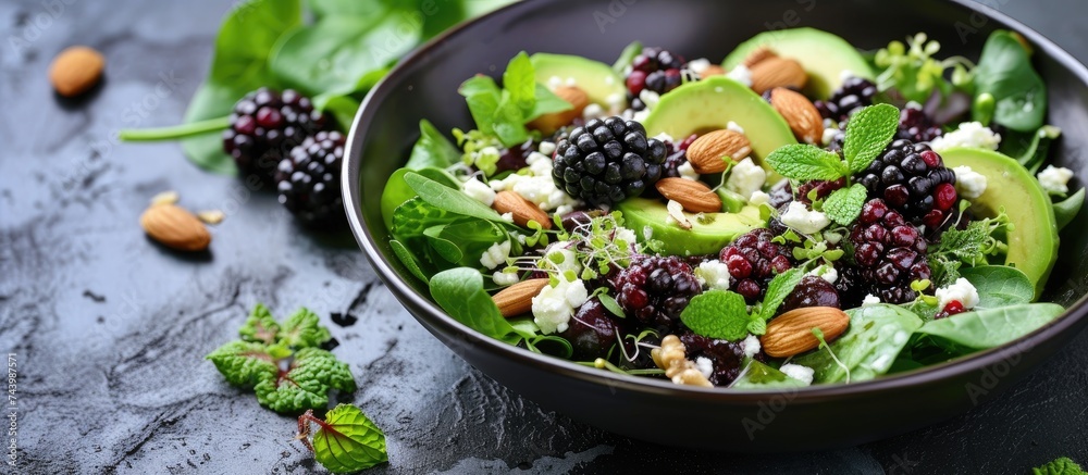 Poster blackberry salad with greens almond nuts feta avocado and feta cheese. with copy space image. place 