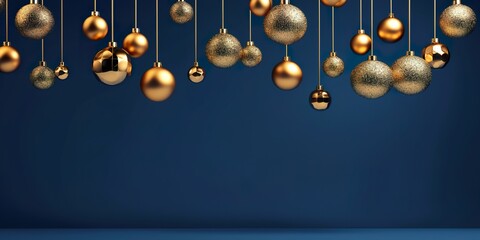 minimalistic design Luxury gold Christmas decorations on dark blue background