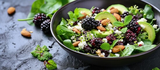 Blackberry salad with greens almond nuts feta avocado and feta cheese. with copy space image. Place...