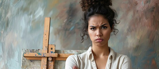 Young hispanic woman standing by painter easel stand disgusted expression displeased and fearful doing disgust face because aversion reaction. with copy space image. Place for adding text or design - obrazy, fototapety, plakaty
