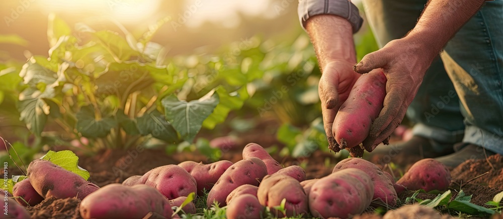 Aufkleber Farmer harvesting fresh organic sweet potatoes from soil. with copy space image. Place for adding text or design