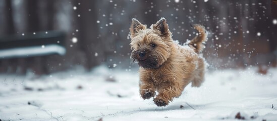 Cute Cairn Terrier puppy playing outside in cold winter snow Young dog acting shy in the park on a sunny day and jumping up on its owner. with copy space image. Place for adding text or design