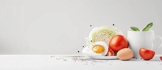 Healthy sandwich with fried egg tomato and cabbage Breakfast table with sandwich and coffee. with copy space image. Place for adding text or design - obrazy, fototapety, plakaty