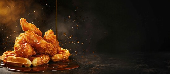 Fried Chicken and Waffles Platter with a Drizzle of Syrup. with copy space image. Place for adding text or design - obrazy, fototapety, plakaty