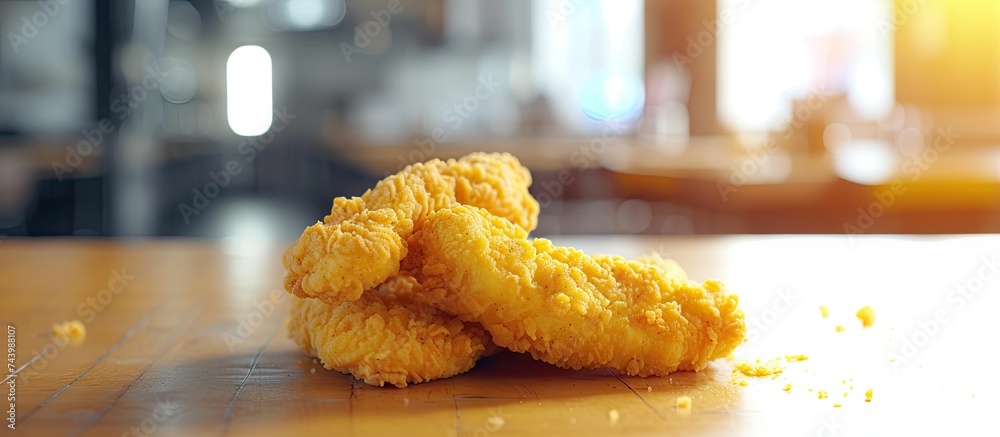 Poster delicious crispy fried breaded chicken breast strips on restaurant table. with copy space image. pla