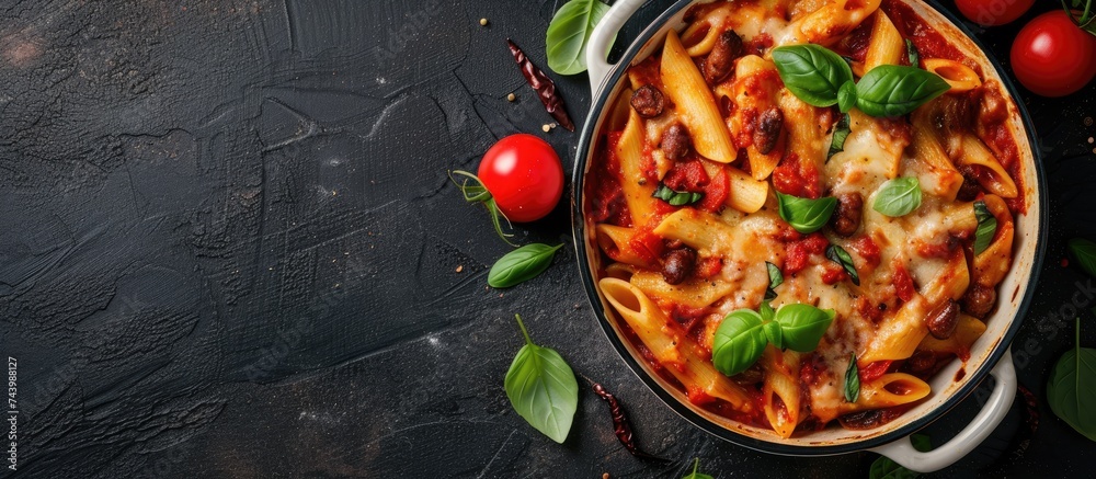 Poster Baked spaghetti pasta with sausages in tomato sauce in the oven dish copy space. with copy space image. Place for adding text or design