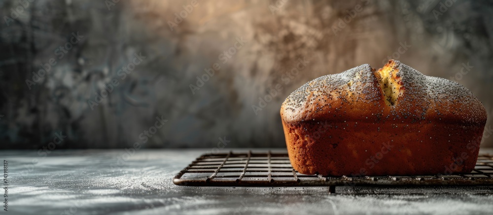 Aufkleber Sliced loaf of banana bread cupcake with poppy seeds on cooling wrack. with copy space image. Place for adding text or design