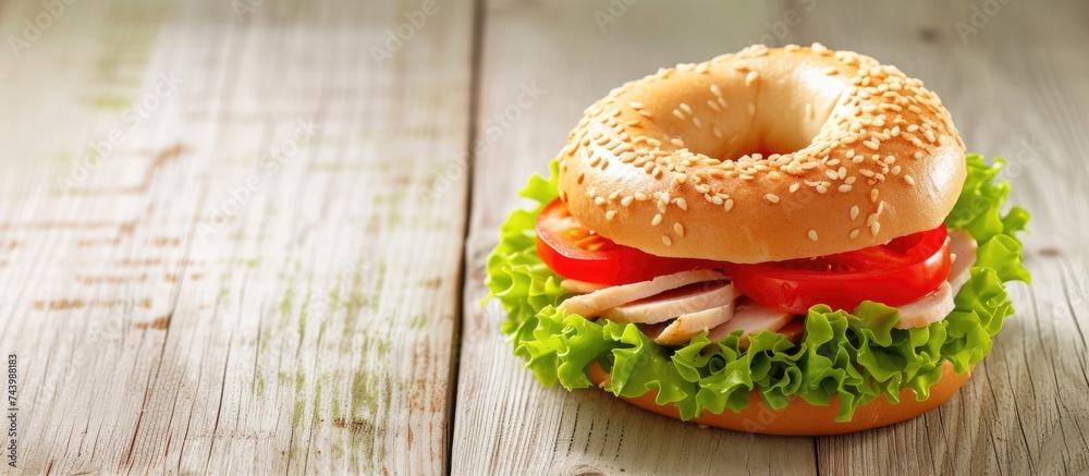 Poster Healthy Turkey Sandwich on a Bagel with Lettuce and Tomato. with copy space image. Place for adding text or design