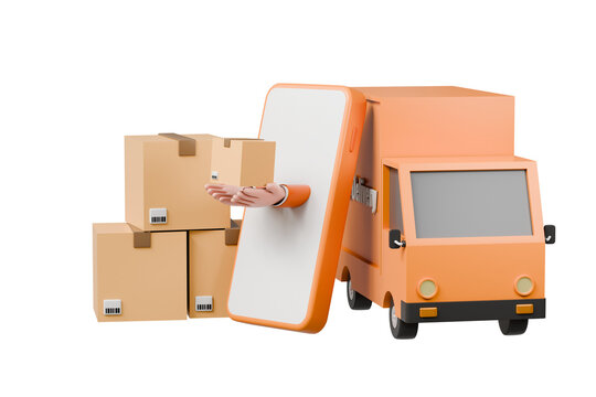 3d Courier Tuck delivers a parcel handholding phone delivery transportation logistics concept isolated on orange background. Online Shop with delivery concept. Minimal Cartoon icon design. 3d render.