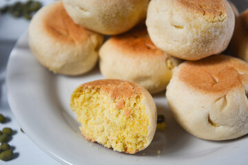 Typical snack from Java, Indonesia. Bakpia filled with nuts, black coffee and dates