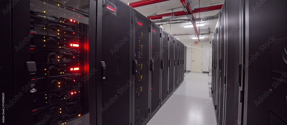 Aufkleber Camera Slide Trough Shot of a Working Data Center With Rows of Rack Servers Led Lights Blinking and Computers are Working. with copy space image. Place for adding text or design