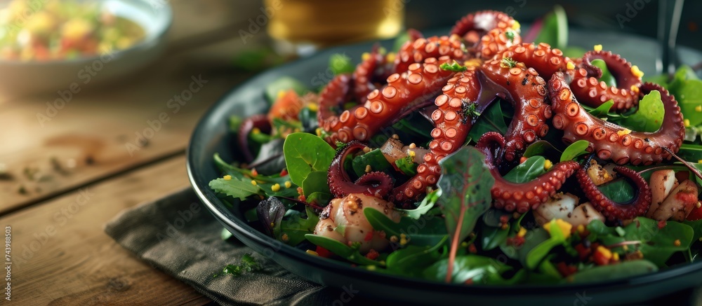 Aufkleber mixed salad topped with slices of marinated octopus tentacles and a spicy dressing. with copy space image. Place for adding text or design