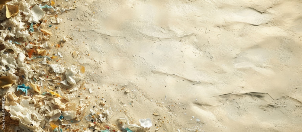 Poster close up side shot of hands shows microplastic waste contaminated with the seaside sand microplastic